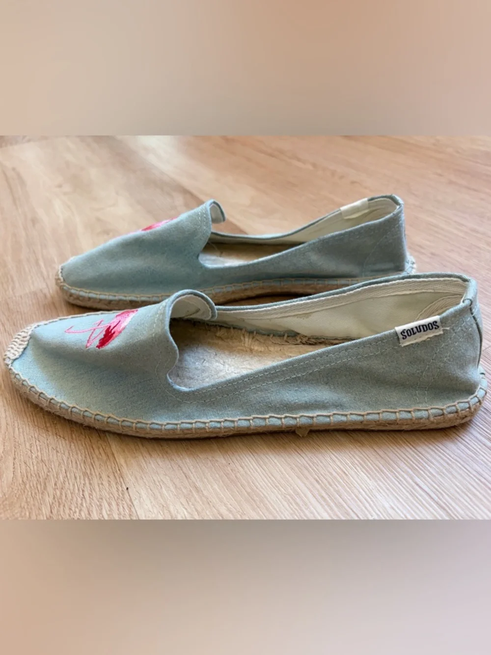 New Soludos Flamingo Embroidered Espadrilles blue pink embroidered shoes
